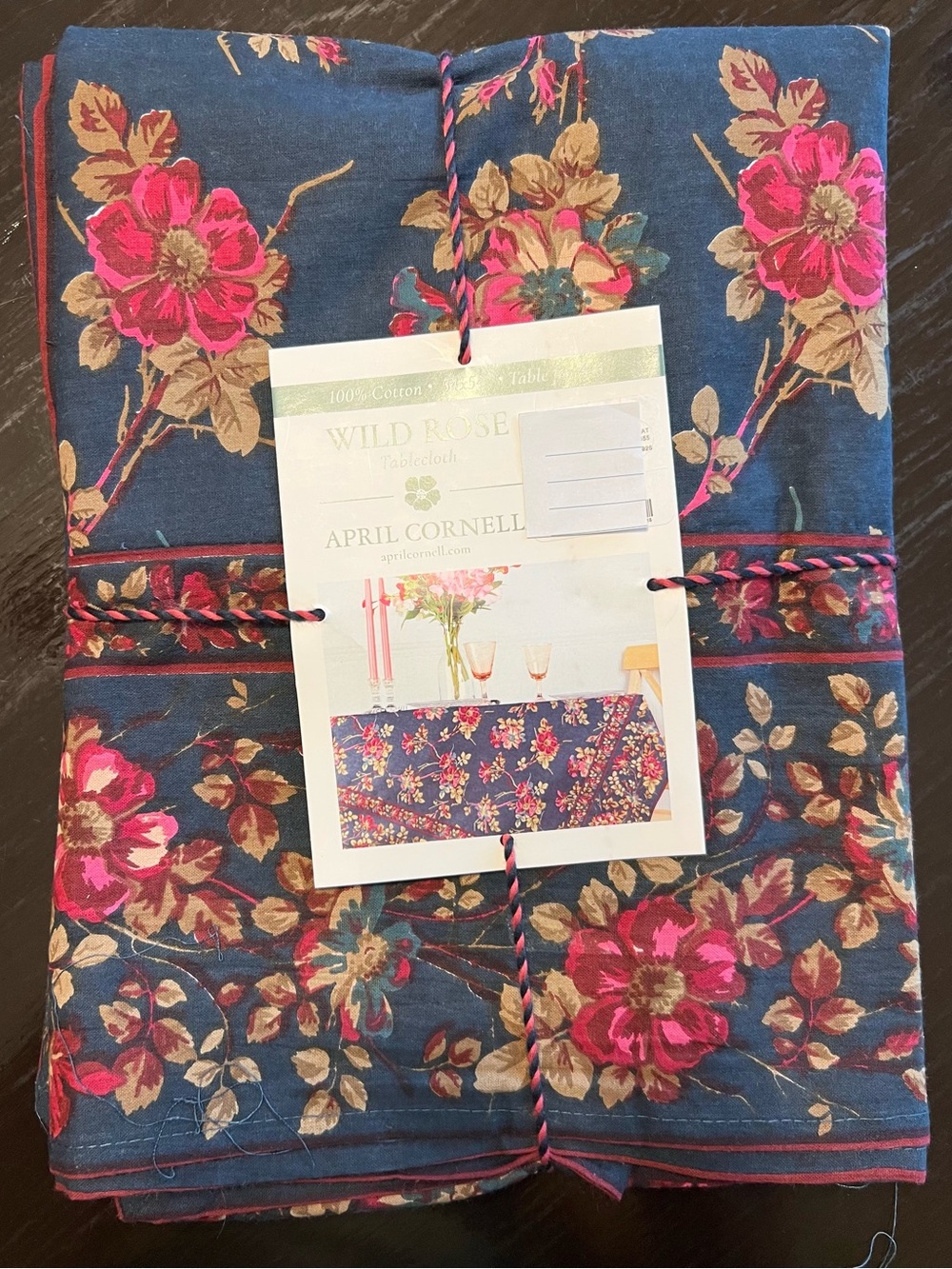 April Cornell Navy Blue Floral Tablecloth with Pink and Tan Accents